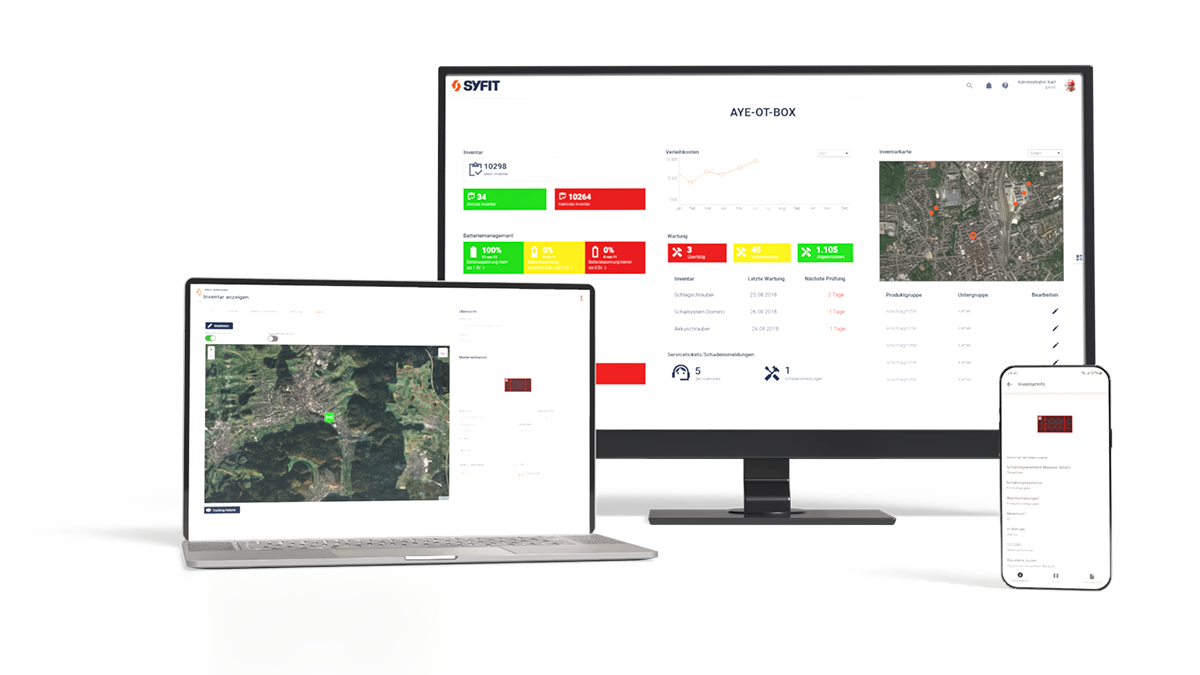 Benutzeroberfläche der AYE-OT-BOX zur digitalen Erfassung und Lokalisierung von Geräten.
