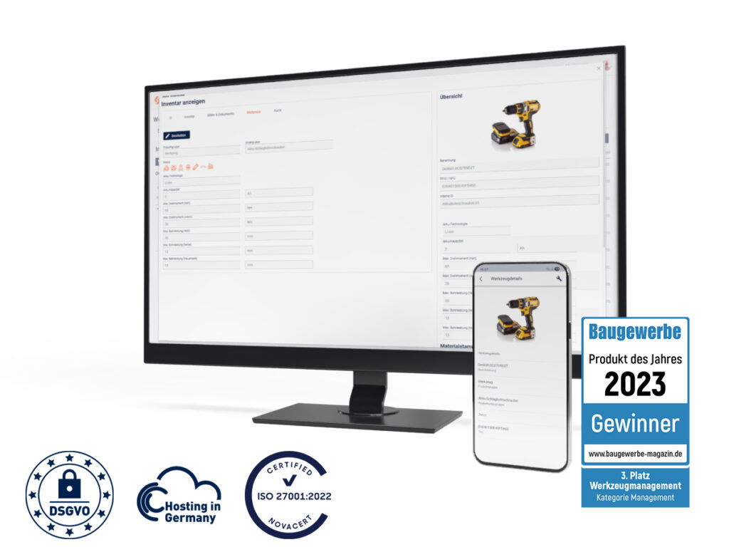 Die Softwarelösung Werkzeugmanager auf einem Desktop PC und einem Smartphone.